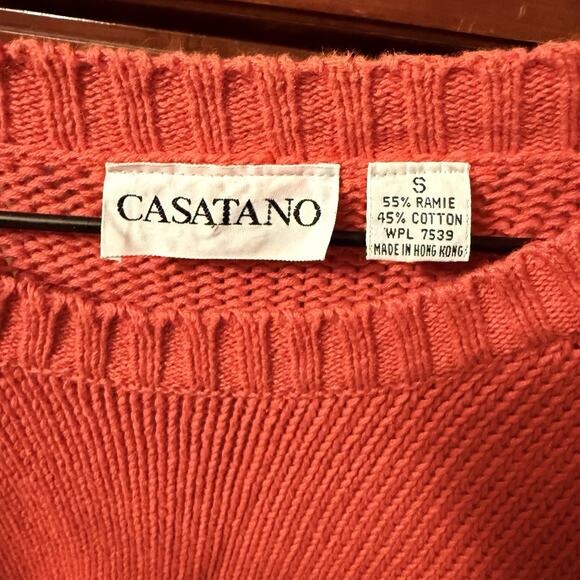 Vintage CASATANO Ramie Cotton Sweater Small Coral Orange-Red Knit Pocket 1980's - Picture 4 of 16